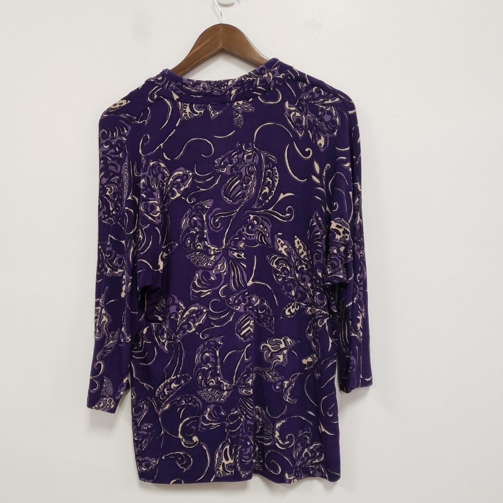 Chicos Travelers Womens Artsy Asain Babydoll Top Size 2 L‎ Purple Stretch Modest - Picture 2 of 9